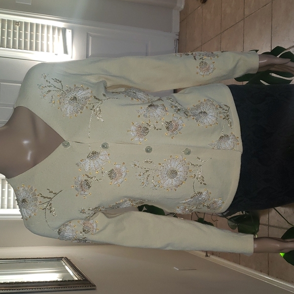 Talbots m beaded pastel yellow cardigan floral print bursts - Picture 1 of 11